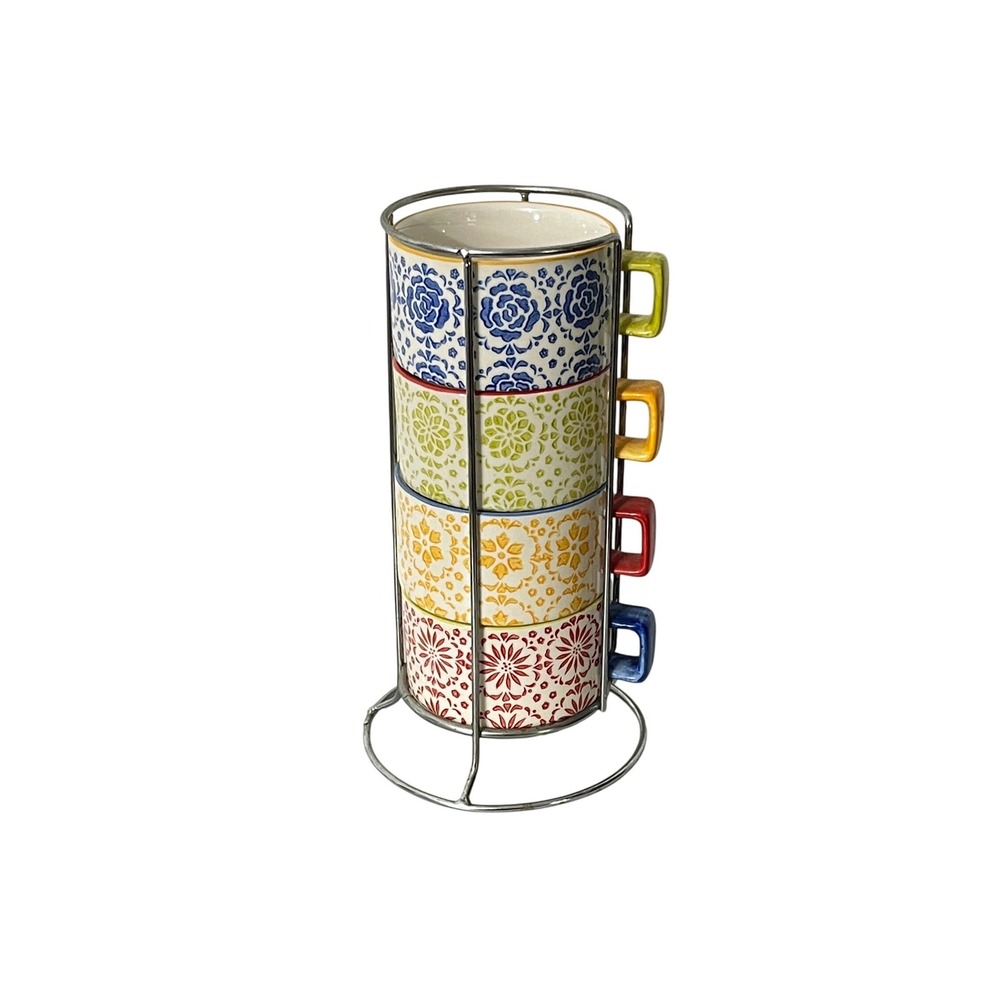 Pier 1 Imports Stacking Mugs Set Multicolor Floral Hand Painted Stoneware